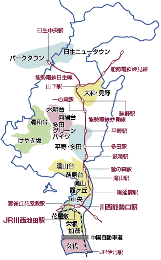 川西市と猪名川町の地図